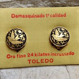 Vintage 24k Gold Plated Toledo Damascene Clip on Earrings